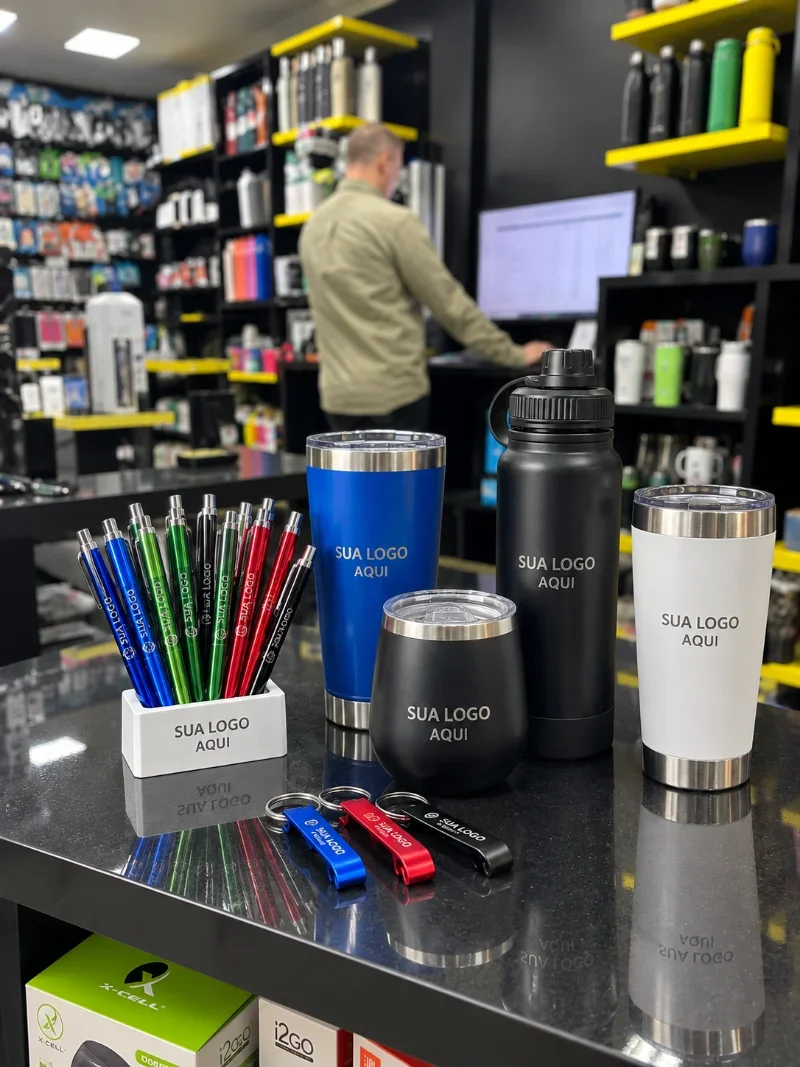 Copos, garrafas, canetas e chaveiros personalizados com logomarca