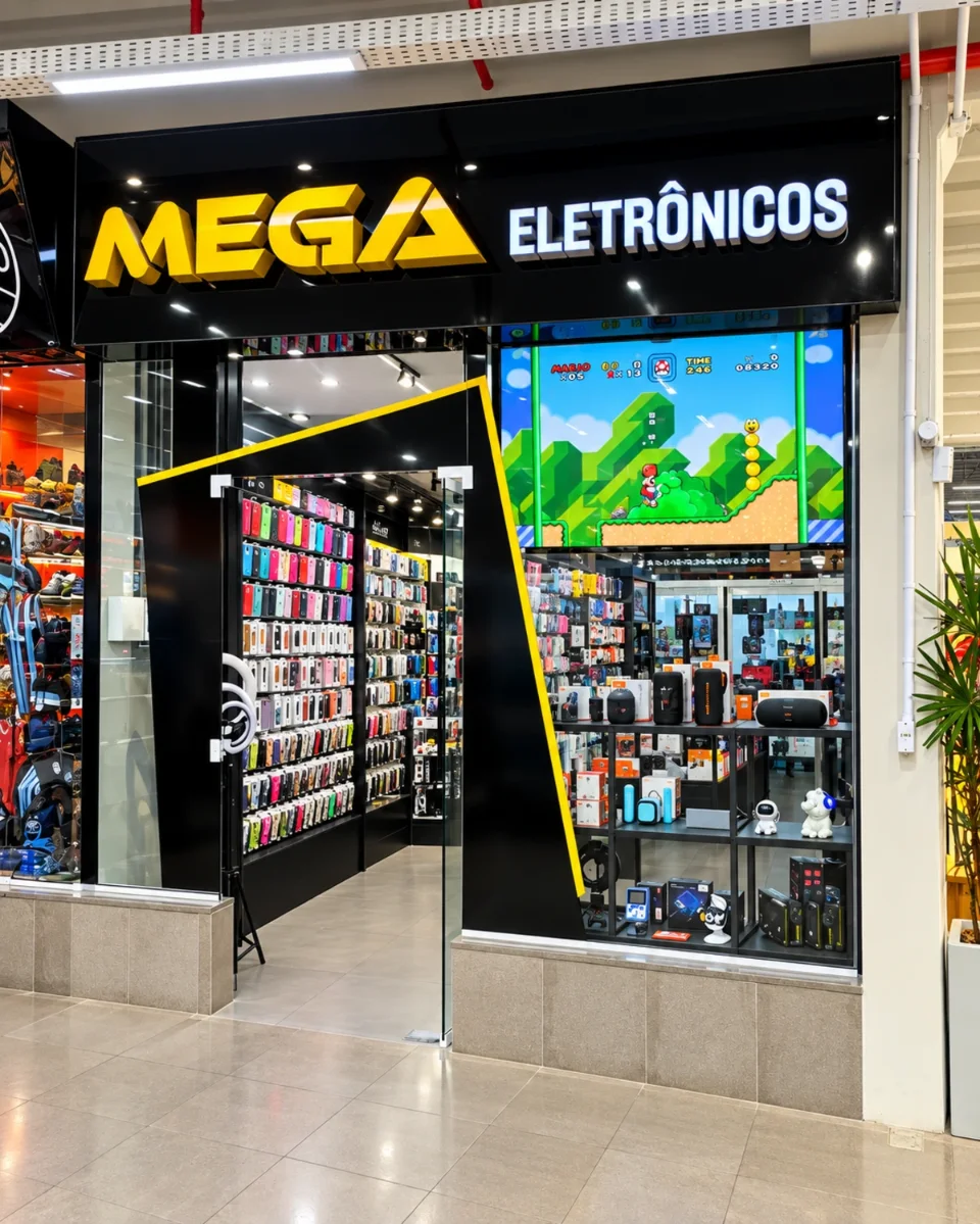 Fachada da loja Mega Eletrônicos com o letreiro amarelo e vitrine de acessórios