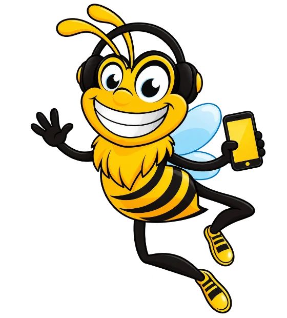 Mascote da Mega Eletrônicos, uma abelha segurando um smartphone
