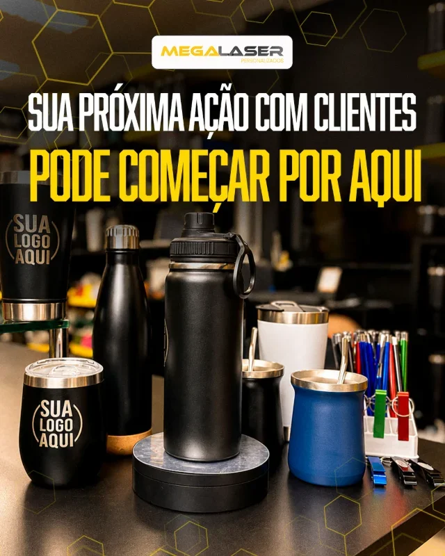 Garrafas, copos para chimarrão e canetas para brindes com logomarca
